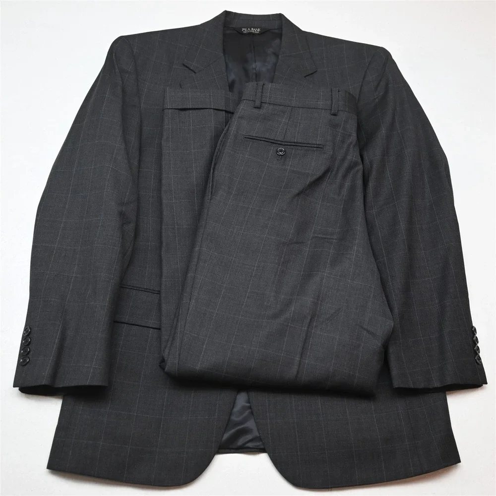 Jos A Bank 39R 32x30 Gray Windowpane 100% Wool Mens Jacket Pants Suit